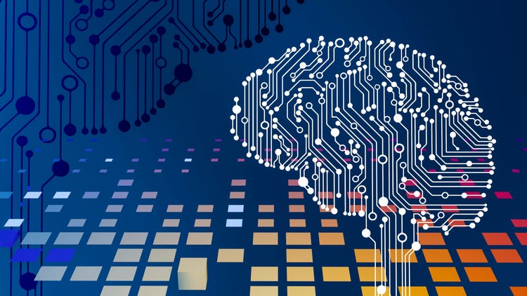 Education Council, an image of a brain formed by white circuts on a dark blue background with more circuits, along with red, orange, yellow, and white squares