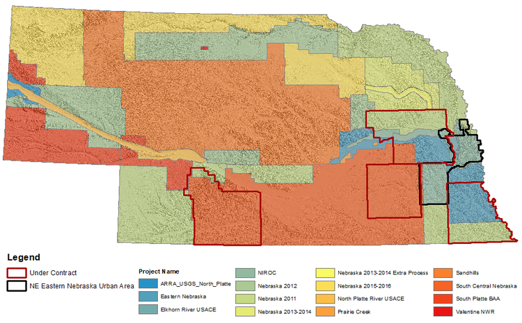 State of Nebraska LiDAR Coverage Map - Red lines are under contract, black lines are NE Eastern Nebraska Urban Area; Project Names are the shaded areas: dark blue-green is ARRA_USGS_North_Platte, medium blue-green is Eastern Nebraska, lighter blue-green is Elkhorn River USACE, light blue-green is NIROC, green is Nebraska 2012, light green is Nebraska 2011, yellow-green is Nebraska 2013-2014, yellow is Nebraska 2013-2014 Extra Process, yellow-orange is Nebraska 2015-2016, orange is North Platte River USACE, darker orange is Prairie Creek, dark orange is Sandhills, red-orange is South Central Nebraska, dark red-orange is South Platte BAA, darker red-orange is Valentine NWR
